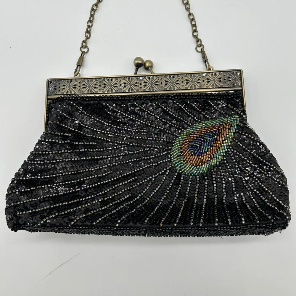 Peacock Black Clutch Purse Beaded Sequin Evening Bag Chain‎ Handle